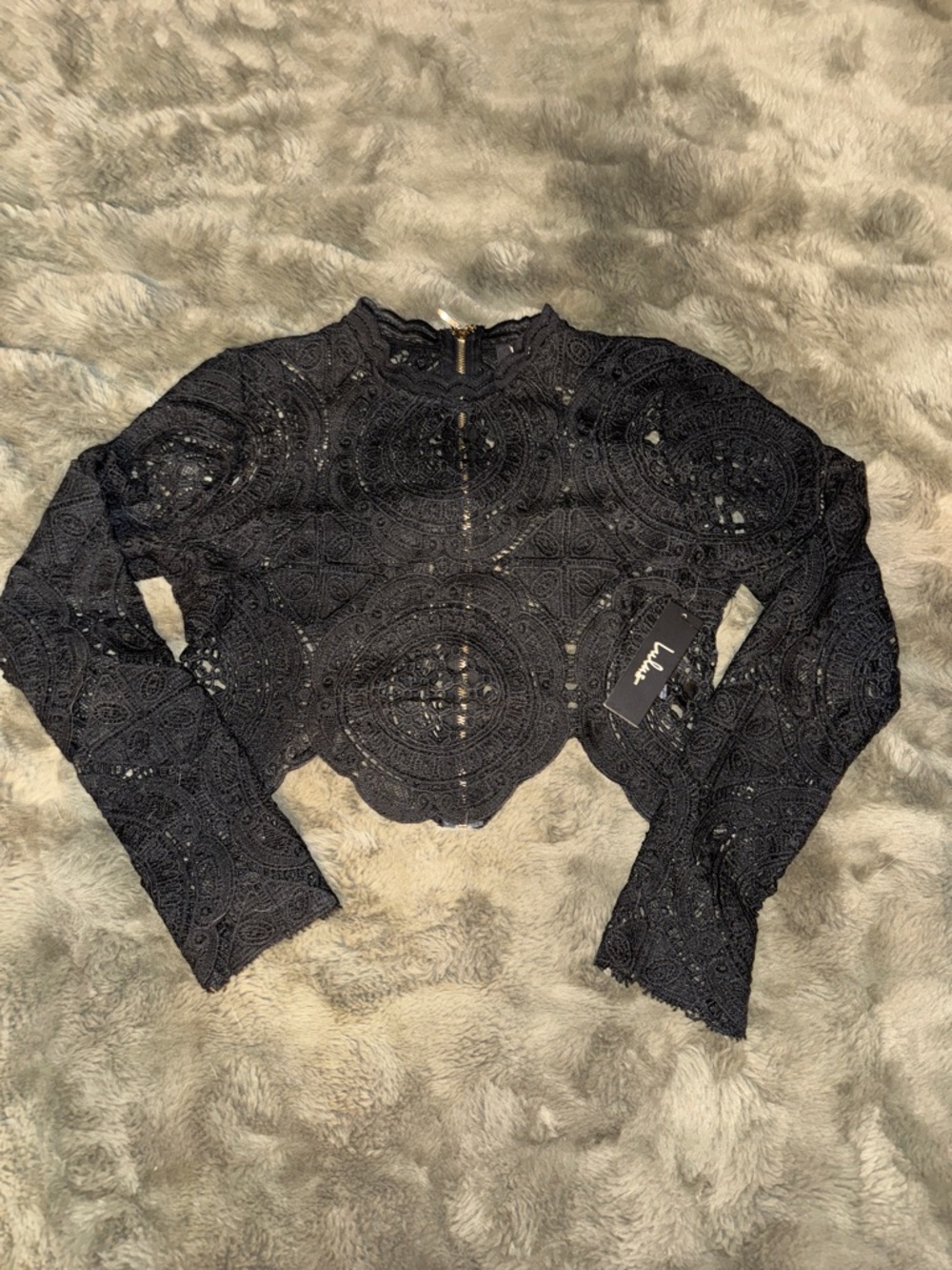 Lulu's Black Crochet Lace Long Sleeve Crop Top with Scalloped Hem